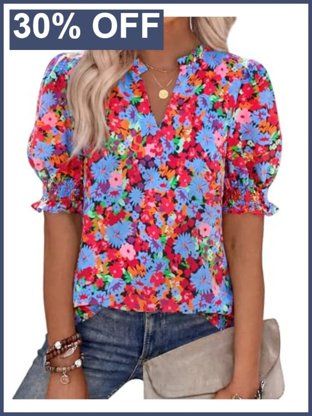 Boho Floral V-Neck Blouse with Puff Sleeves & Smocked Cuffs